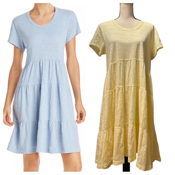 Wilt Short Sleeve Tiered Trapeze Dress in Pale Yellow 100% Cotton Sz. Medium - Picture 1 of 11